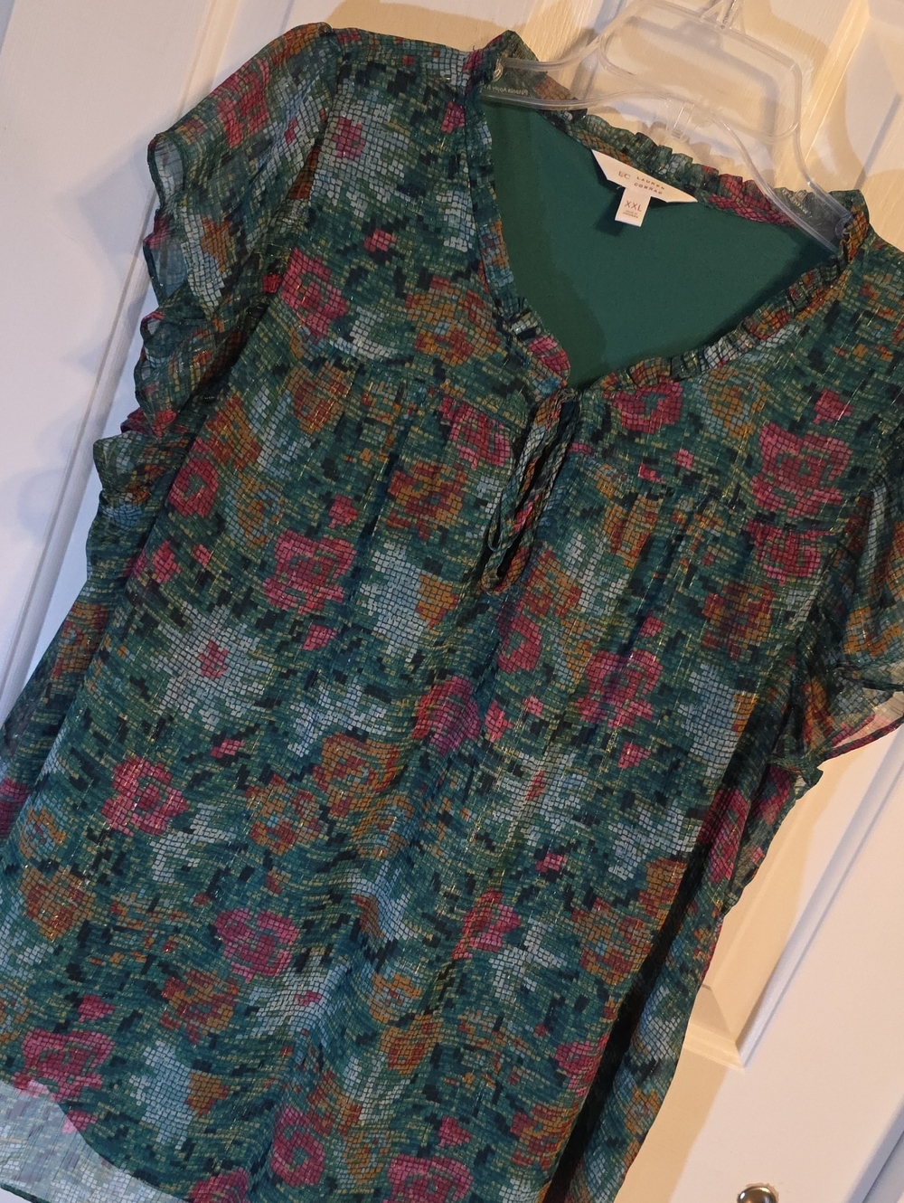 LC Lauren Conrad Teal Floral Tie-Front Blouse